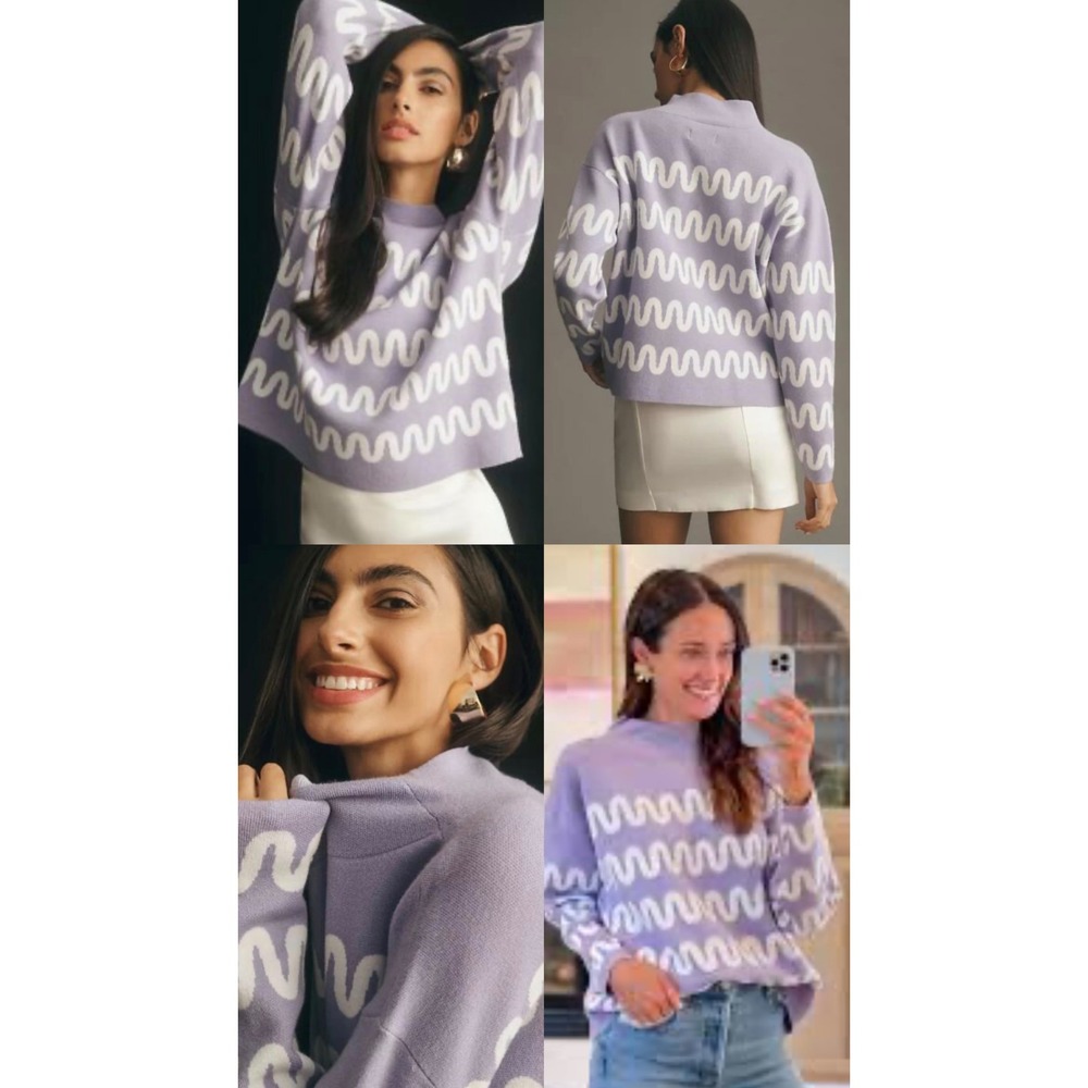 Maeve Anthropologie Purple Wavy Squiggle Mock Neck Sweater‎ Womens XS OB1237136